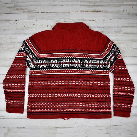 Deep red snowflake pattern soft chenille full zip cardigan sweater women's large - Picture 5 of 5